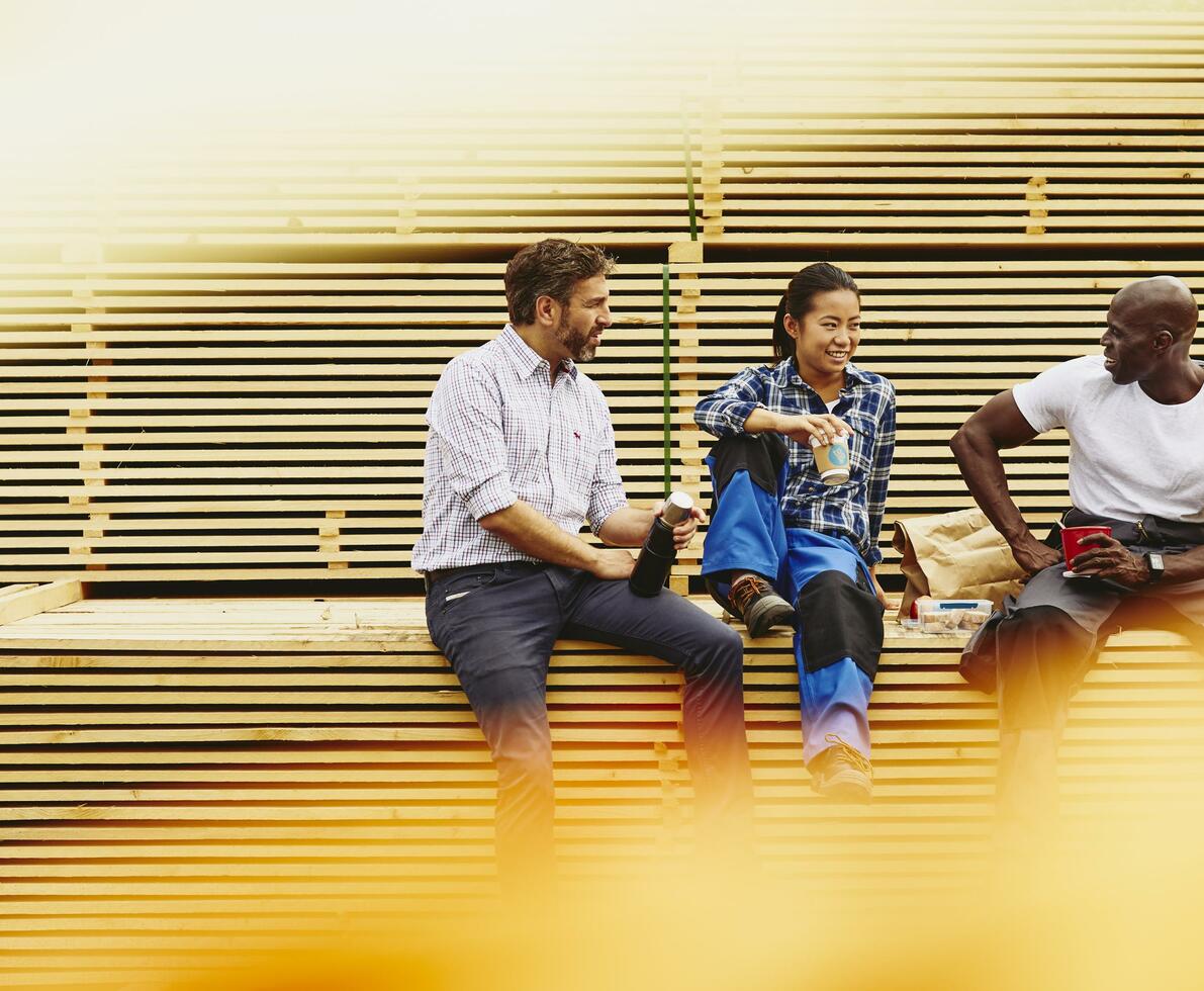 Blue-collor workers during lunch break. Laughing. Female Asian, male African-American and male Caucasian. Checkered shirt and white T-shirt. Primary color white. Secondary color yellow.