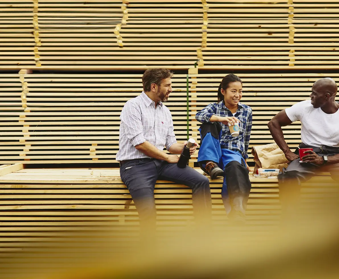 Three colleagues having a laugh during a lunch break while sitting on a pile of wood.

