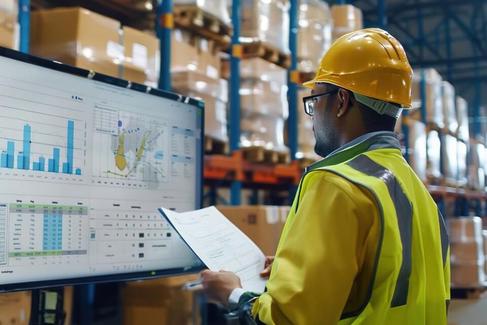 Profissional de logística analisa gráficos de desempenho em armazém, representando oportunidades de vagas em logística.